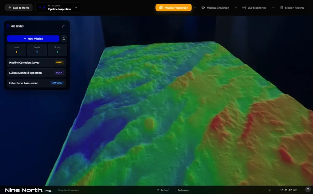 DeepSim 4D environment: oceanographic data layers rendered from surface to seafloor
