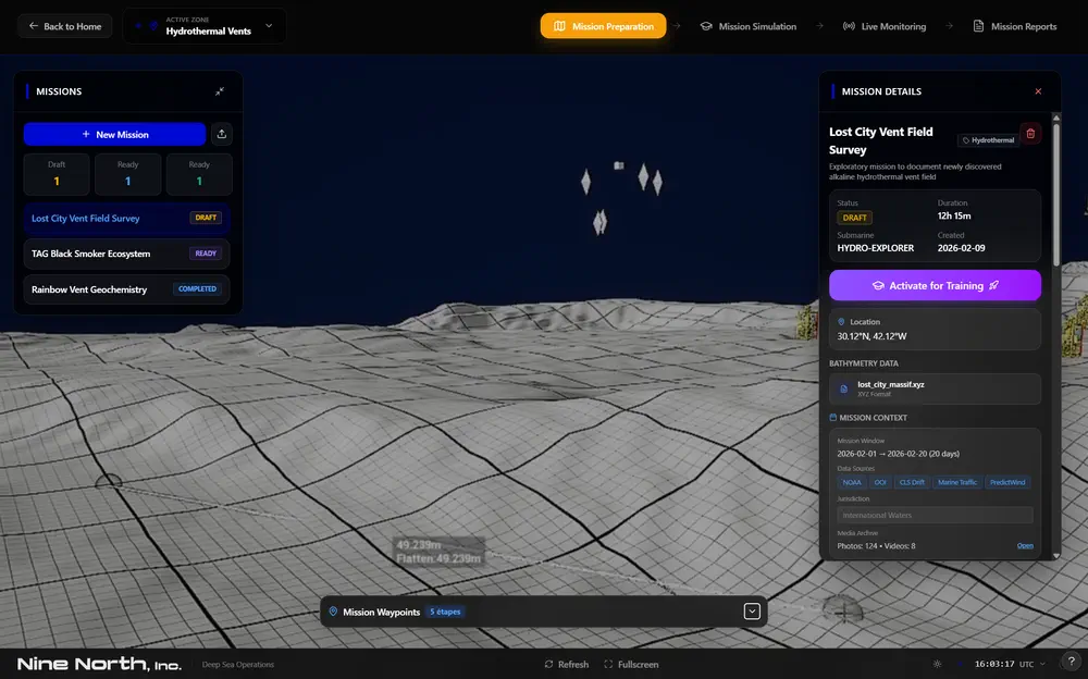 DeepSim mission planning view with a georeferenced subsea operation plan